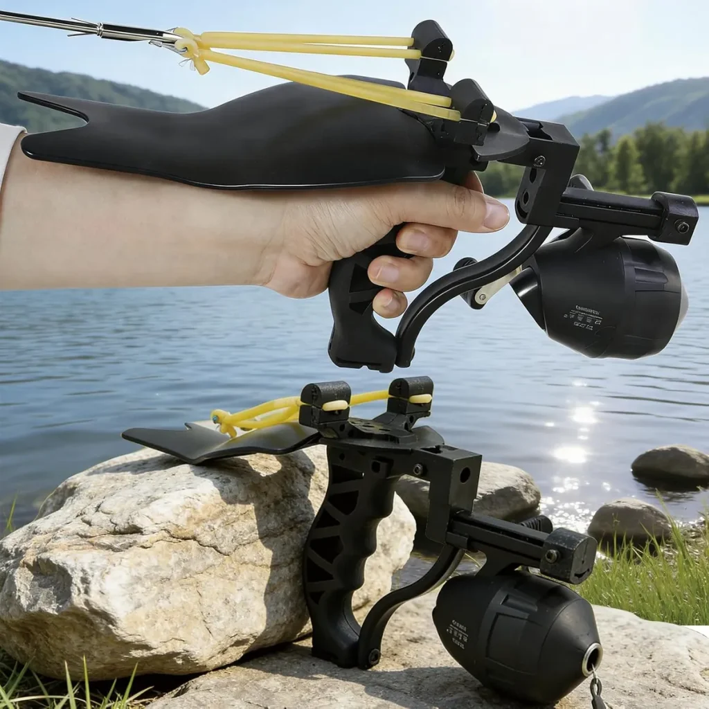 A fishing bow with a reel and wrist support