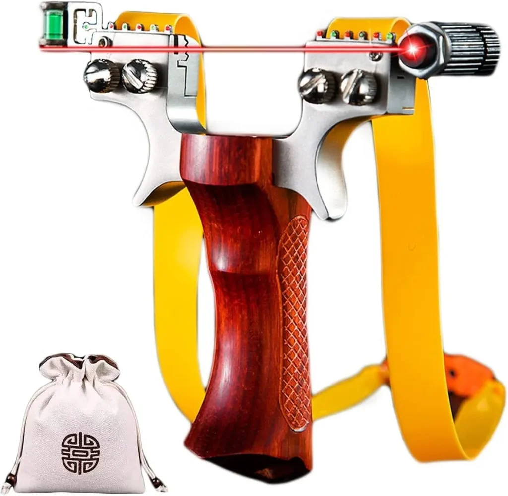 A wooden grip stainless steel slingshot