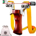 A wooden grip stainless steel slingshot