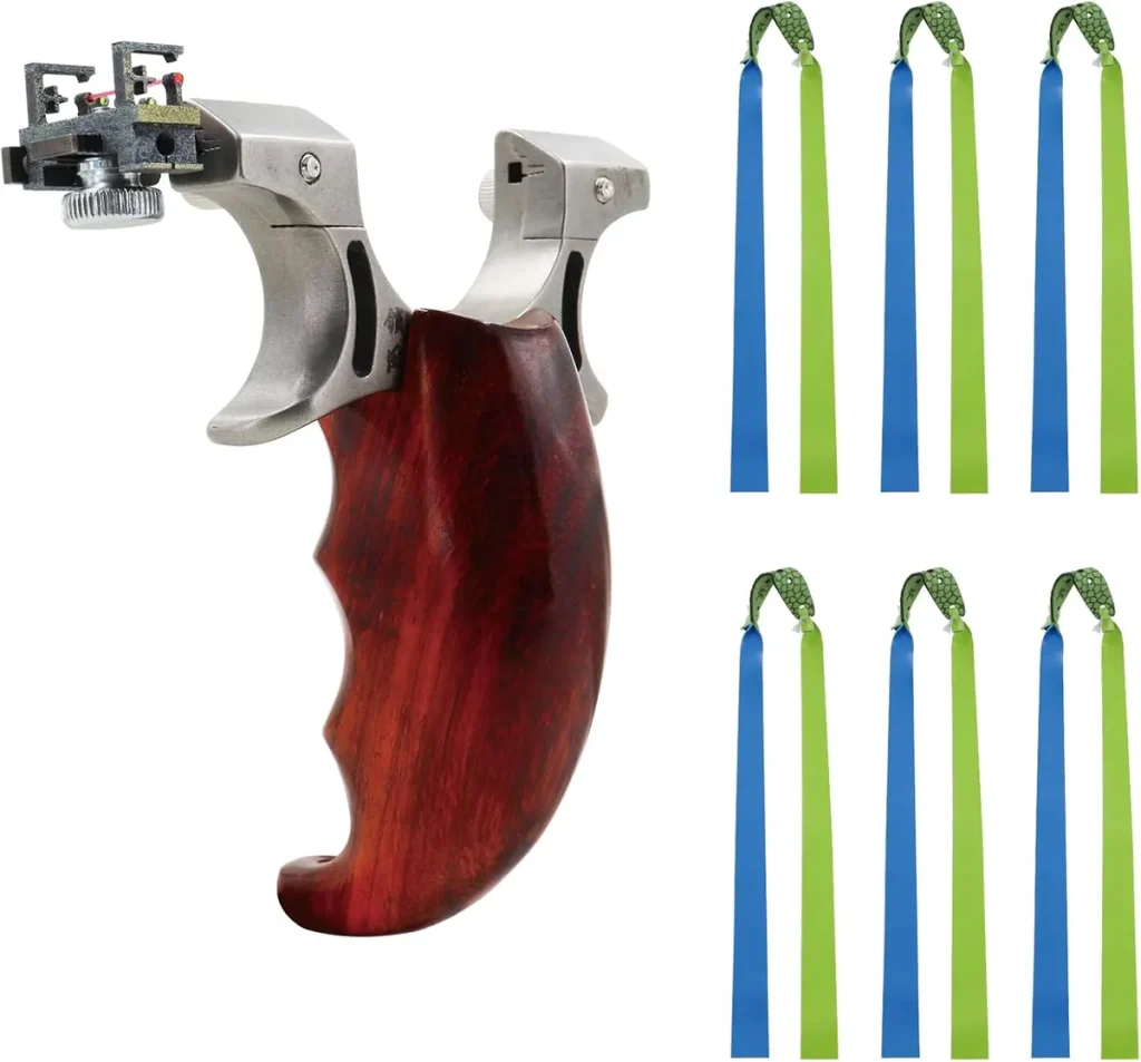 A wooden-handled slingshot with a mechanical sight