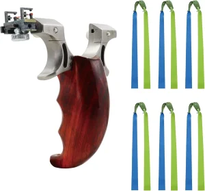 A wooden-handled slingshot with a mechanical sight