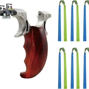 A wooden-handled slingshot with a mechanical sight