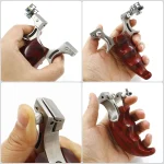 A wooden-handled slingshot with a mechanical sight